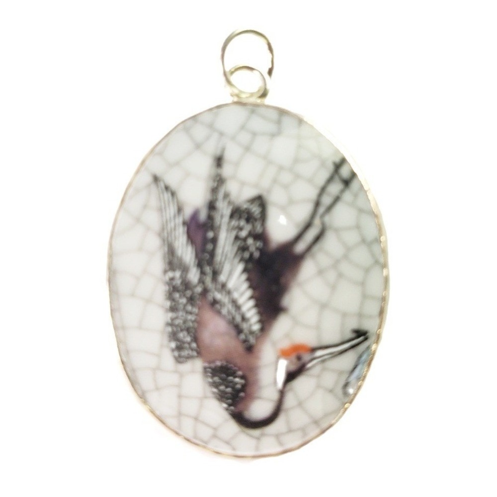 Red Crowned Japanese Crane Porcelain Crackle Glaze Oval Pottery Shard Pendant